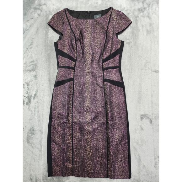 Adrianna Papell Cap Sleeve Sheath Dress Size 4 Black Purple Metallic Snake Print - Picture 1 of 10